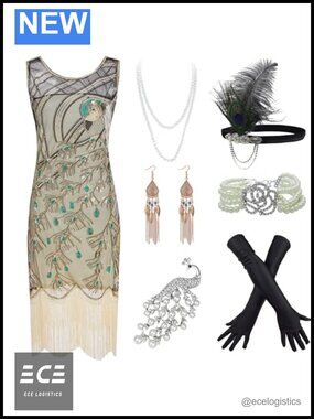1920s Vintage Peacock Sequin Fringed Flapper Dress with Accessories Set